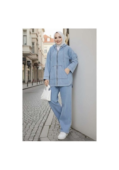 Hb Harma Time Butik Kadın Kapüşonlu Cepli Kot Mavi Tunik Pantolon Takım Mavi Mavi
