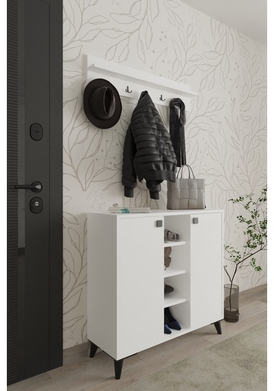 Albena 2 Kapaklı Ayakkabılık, Vestiyer, Portmanto, Askılık, 90 Cm, Beyaz Beyaz
