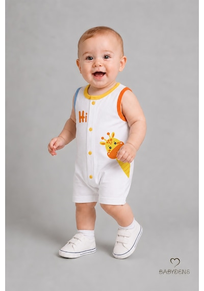 Babyden's Erkek Bebek Tulum Yazlık Pamuklu Şortlu Çıtçıtlı Zürafa Baskılı Bebek Tulumu Yenidoğan Bebek Giyim 0-9 Ay Beyaz