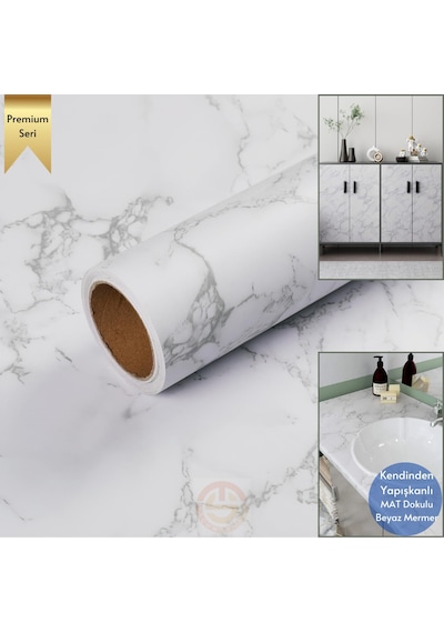 Technosmart 60x100cm Mat Mermer Desenli Kendinden Yapışkanlı Duvar Kağıdı Kaplama Mutfak Masa Folyo Beyaz