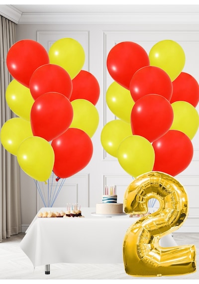 2 Yaş Sarı Kırmızı Taraftar Temalı Doğum Günü Seti Sarı Kırmızı Balonlar Altın Folyo Rakam Sarı