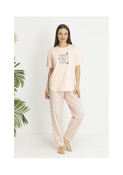 Estiva Kadın Kalp Alt Desenli Somon Penye Lycra Kısa Kollu Pijama Takımı Çok renkli