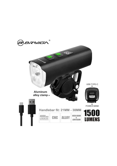 Brivigan Lw-f1400 Usb Şarjlı 1500 Lümen Işık Bisiklet Lamba Siyah