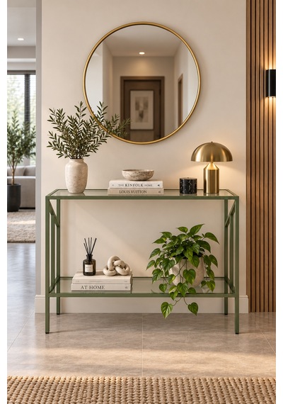 Teknor Yeşil Çerçeveli Şeffaf Temperli Cam Modern Antre Dresuarı 100 Cm