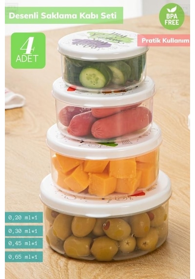 4 Lü Desenli Saklabı Kabı Seti Erzak Kabı Buzdolabı Kabı Yuvarlak Bpa Free Şeffaf