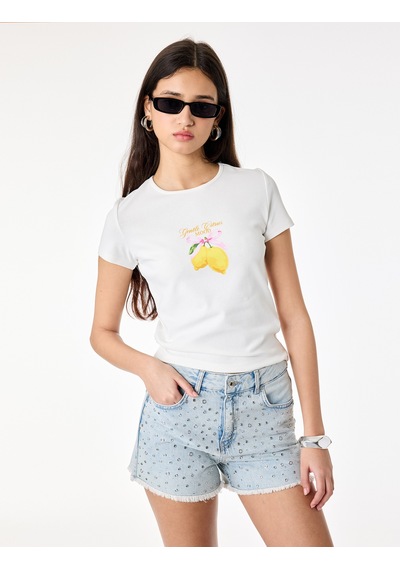Koton Slim Fit Bisiklet Yaka Pamuklu Kısa Kollu Limon Baskılı Tişört Ekru 6sal10911ık