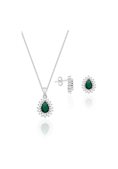 Kadın Gümüş Set Zümrüt Taşlı Kolye Küpe İkili Set 925 Ayar St119 Gümüş
