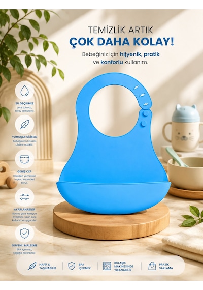 Silikon Mama Önlüğü Su Geçirmez Ayarlanabilir Bebek Önlüğü Bpa İçermeyen Geniş Cepli Beslenme Önlüğü Mavi