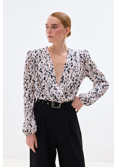 Sateen Kruvaze Bodysuit Bluz - Ekru-136748 Ekru