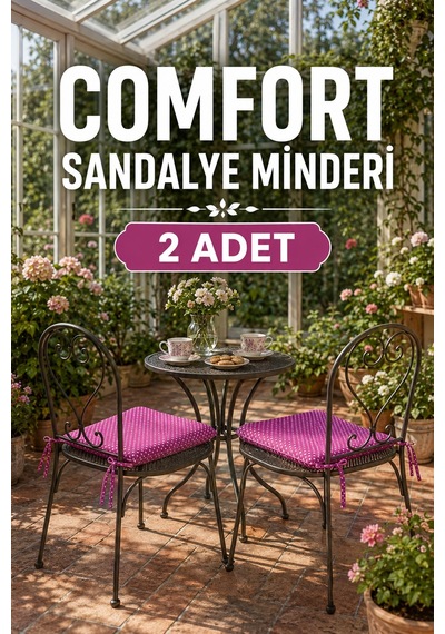 Comfort 2 Adet Sandalye Minderi Bağcıklı Özel Dikişli Süngerli Pamuklu Kumaş Sandalye Minderi Puanlı Fuşya