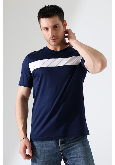 Rıbana Classıc Erkek İki Renk Parçalı Bisiklet Yaka T-shirt - Pamuklu Tişört Lacivert