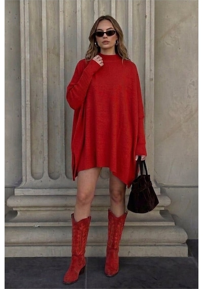 Onno Style Women Düz Triko Standart Panço Kırmızı
