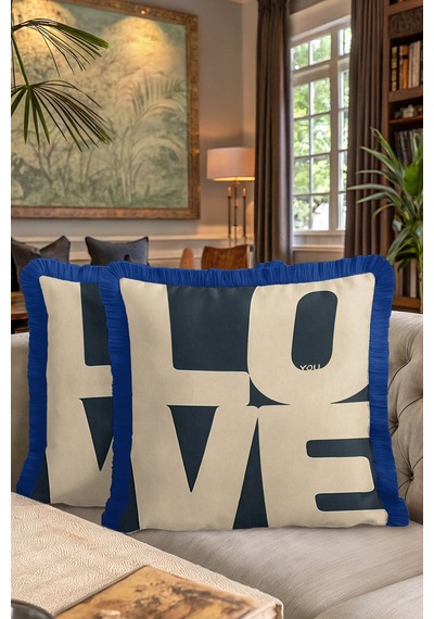Love Modern Lüx Saçaklı Yastık Kılıfı-navy Geometrik Mavi Bej Kombinasyonlu Püsküllü Kırlent Kılıfı Çok Renkli