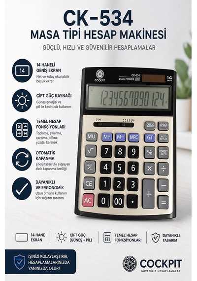 Hesap Makinesi Siyah Gri 15x19.5 Cm 1 Adet Cockpıt Ck-534 12 Haneli Büyük Boy Hafızalı Büro Masaüstü Hesap Makinası Gr