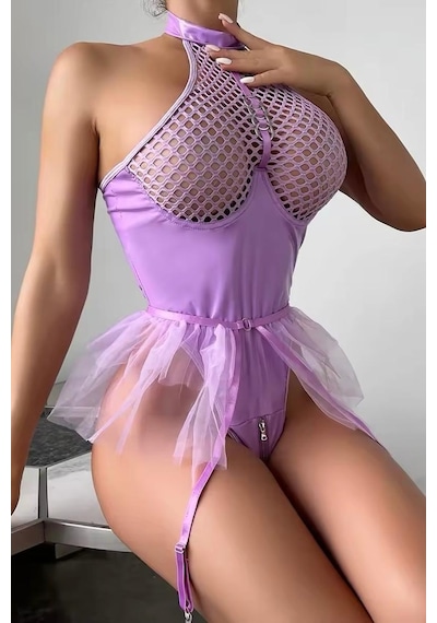 Bikini Mayokini Dünyası Etekli Latex Bodysuit - Lila Lila