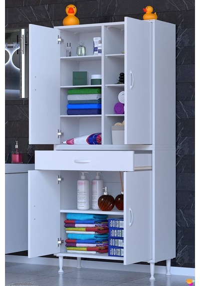 Yeni Afra 75 Cm 4 Kapaklı 10 Raflı Ve Çekmeceli Çok Amaçlı Banyo Dolabı 75 Cm