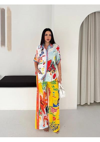 Asprin Fashion Yaz Baskılı Gömlek Pantolon Takım Turuncu