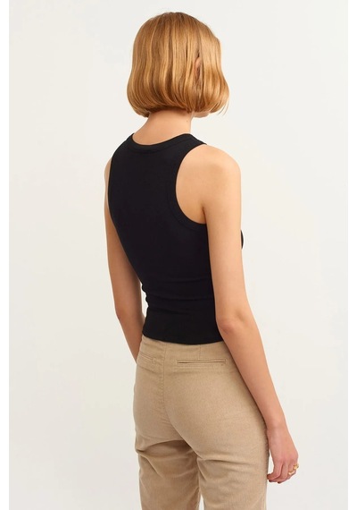 Refox Kadın Siyah Fitilli T-shirt Halter Yaka Örme Atlet , Sporcu Atlet
