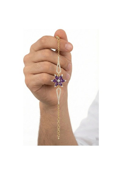Çekirdekjewelry 925 Ayar Gümüş Mor Zirkon Taşlı Çiçek Figürlü Zarif Altın Renk Kadın Bileklik Sarı