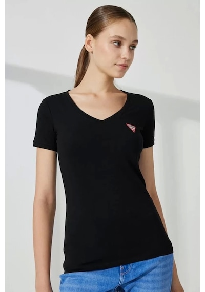 Guess Kadın Üçgen Logolu Siyah T-shirt Siyah
