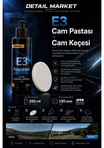 Mirka E3 Cam Çizik Pastası 250 Ml Ve Spta Cam Keçesi 130 Mm Set