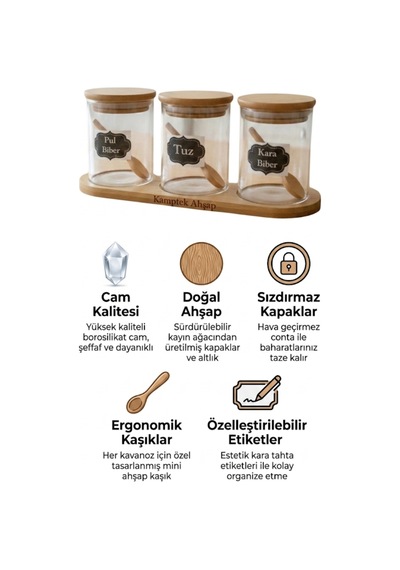 3 Lü Borosilikat Cam Baharatlık Seti - Doğal Bambu Ahşap Kapaklı Ve Kaşıklı Stand Mutfak Düzenleyici Diğer