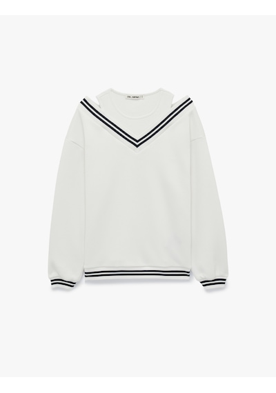 Koton Üç İplik Şardonlu V Yaka Biyeli Atlet Detaylı Uzun Kollu Sweatshirt Ekru 7wal10079ık