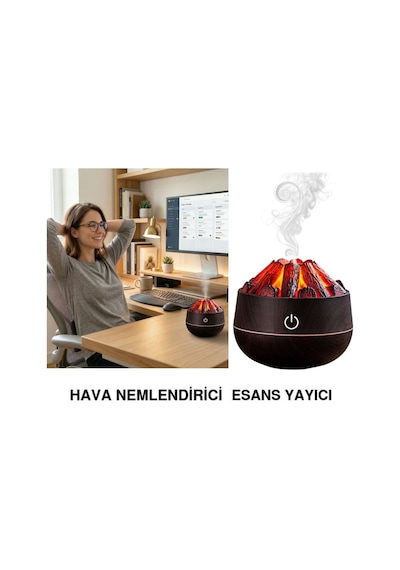 Hava Nemlendirici,aroma Difüzörü Şömine Görünümlü Alev Buhar Makinesi Koyu Kahverengi