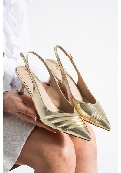 Dabab Shoes Zeyny Kadın Gold Sivri Burun Slingback 6 Cm İnce Topuk Ön Pile Detaylı Parlak Rugan Ayakkabı Altın