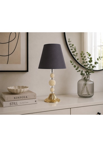 Füme Kumaş Başlık İncili Gold Ayaklı Modern Abajur 48x25cm