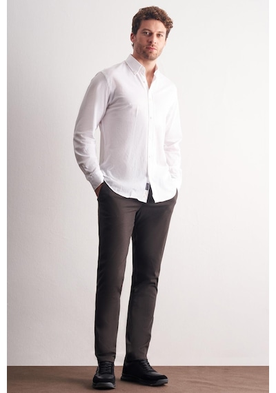 İmza Beyaz Düğmeli Yaka Kendinden Desenli Örme Uzun Kol Performans Ürün Slim Fit %100 Pamuk Gömlek 1004255272 Beyaz