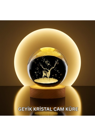 Doğal Ahşap Standlı Geyik Figürlü Kristal Küre Led Dekoratif Lamba -