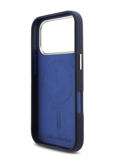 Apple iPhone Uyumlu  17 Pro Max Kılıf Lisanslı M-safeli Gold Kamera Çerçeveli Khead Metal Logolu Pu Deri Lacivert