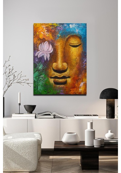 Lotus Çiçeği İle Buda Yüzü Renkli Tuval Tablo-123