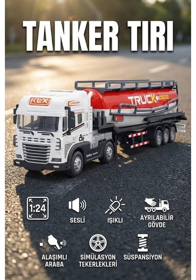 Oyuncak Tanker Tırı 1:24 Ölçek - Diecast Metal Kafalı, Işıklı Sesli, Ayrılabilir Dorseli Model Araba