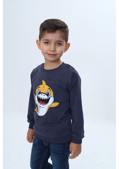 Toontoy Kids Toontoy Erkek Çocuk Çıtçıtlı Köpek Balığı Baskılı Sweatshirt Füme