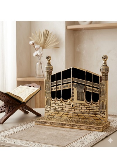 Allah & Muhammed S.a.v Kabe Kapısı Figürlü Özel Tasarım Gold Renkli Masa Üstü Biblo 25 Cm