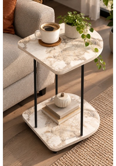 Sulorahome Tekerlekli Oval Servis Sehpası Mermer Desenli Beyaz