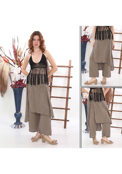 Bohem Stil İtalyan Ham Keten Pantolon Etek-8747 Vizon
