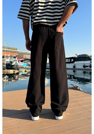 Flaw Bel Lastikli Rahat Keten Pantolon Siyah Siyah