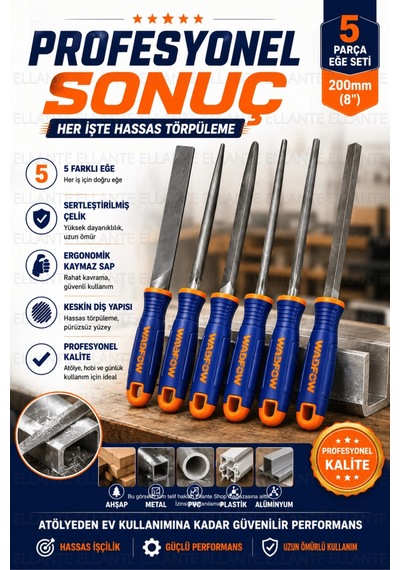 5 Parça Profesyonel Eğe Seti 200 Mm 8" Ergonomik Kaymaz Saplı Sertleştirilmiş Çelik Ahşap Metal Pl