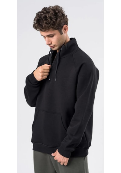 Coal City Erkek Relaxed Fit Reglan Yarım Fermuarlı Kanguru Cepli Siyah Sweatshirt