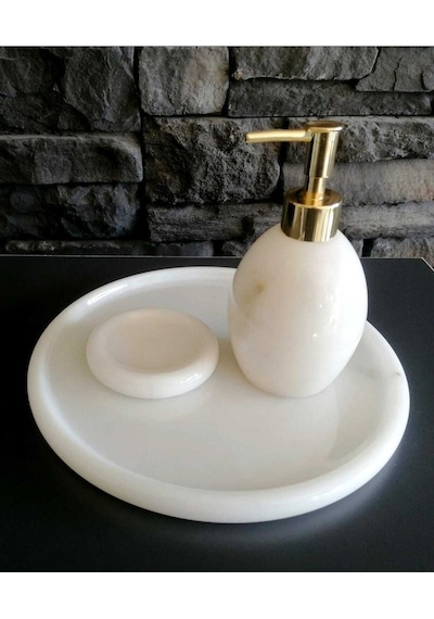 Beyaz Mermer Oval 3'lü Banyo Seti Beyaz