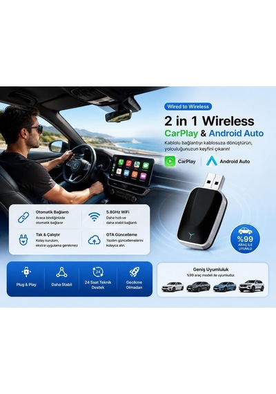 Tr Kablosuz Carplay Android Auto Adaptörü Mini 2'si 1 Arada Wireless Usb Dönüştürücü Type-c Otg Destekli Tak Ça