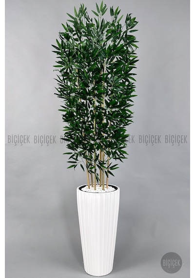 Yapay Bambu Ağacı 6 Dallı Yoğun Yapraklı 220 Cm Beyaz Lilyum Saksıda