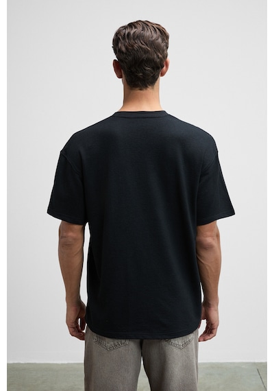 Grimelange GUSI Erkek Önü Kabaran Baskılı %100 Organik Pamuk Oversize Fit Bisiklet Yaka Siyah T-Shirt
