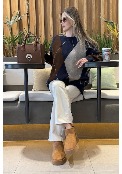 Lela Oversize Fit Bisiklet Yaka Baklava Desenli Bayan Kazak 4615578 Lacivert