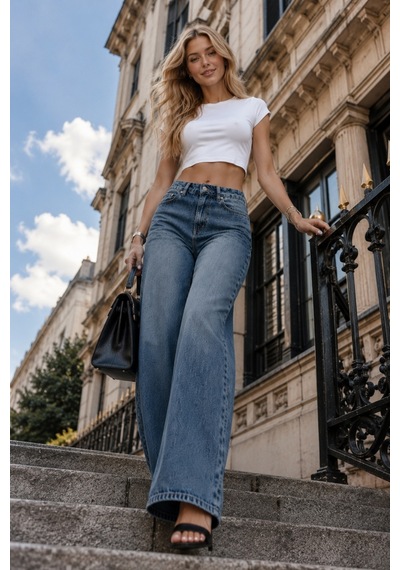 Cedy Denim Cedy Denım Premium Kadın Palazzo Jean Geniş Paça Salaş Mavi Kot Pantolon E7020