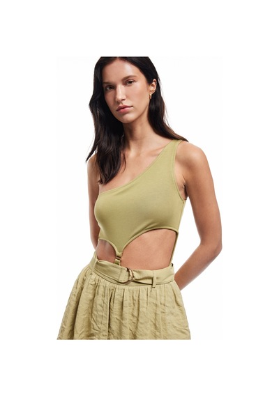 Koton Slim Fit Pencere Detaylı Tek Omuz Bodysuit Haki 5sak10031pk Haki