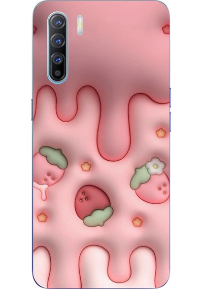Oppo Reno 3 - A91 Uyumlu Çilekli Pasta Baskılı Silikon Kılıf Renkli